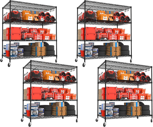 PrimeZone 4 Packs 55.5" W x 24" D x 80" H Heavy Duty Wire Storage Shelves with Wheels, 4 Tier Adjustable NSF Certified Garage Shelving Unit, Rolling Metal Organizer Shelf Rack for Warehouse, Pantry