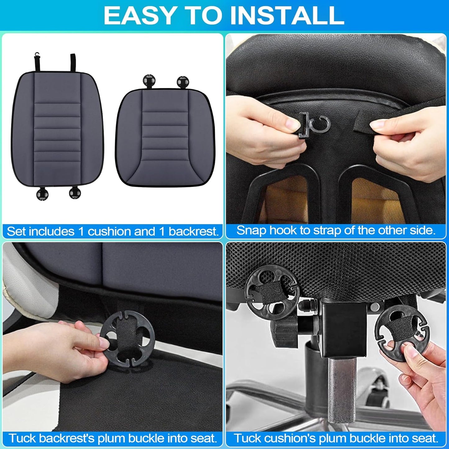 MYFAMIREA Car Seat Cushion and Back Support Pillow 1.2'' Thick Memory Foam Desk Chair Cushion Back Support for Automotive Seat Driver, Travel, Leg Back Pain Relief, Washable Adjustable, Dark Gray