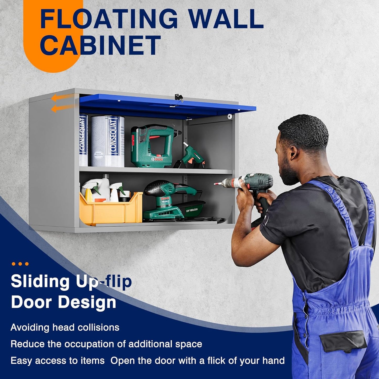 Yizosh Metal Storage Cabinet with Doors & Shelves - Wall Mounted, Floating - Blue Gray, 21.6" H - For Garage, Basement, Kitchen, Warehouse