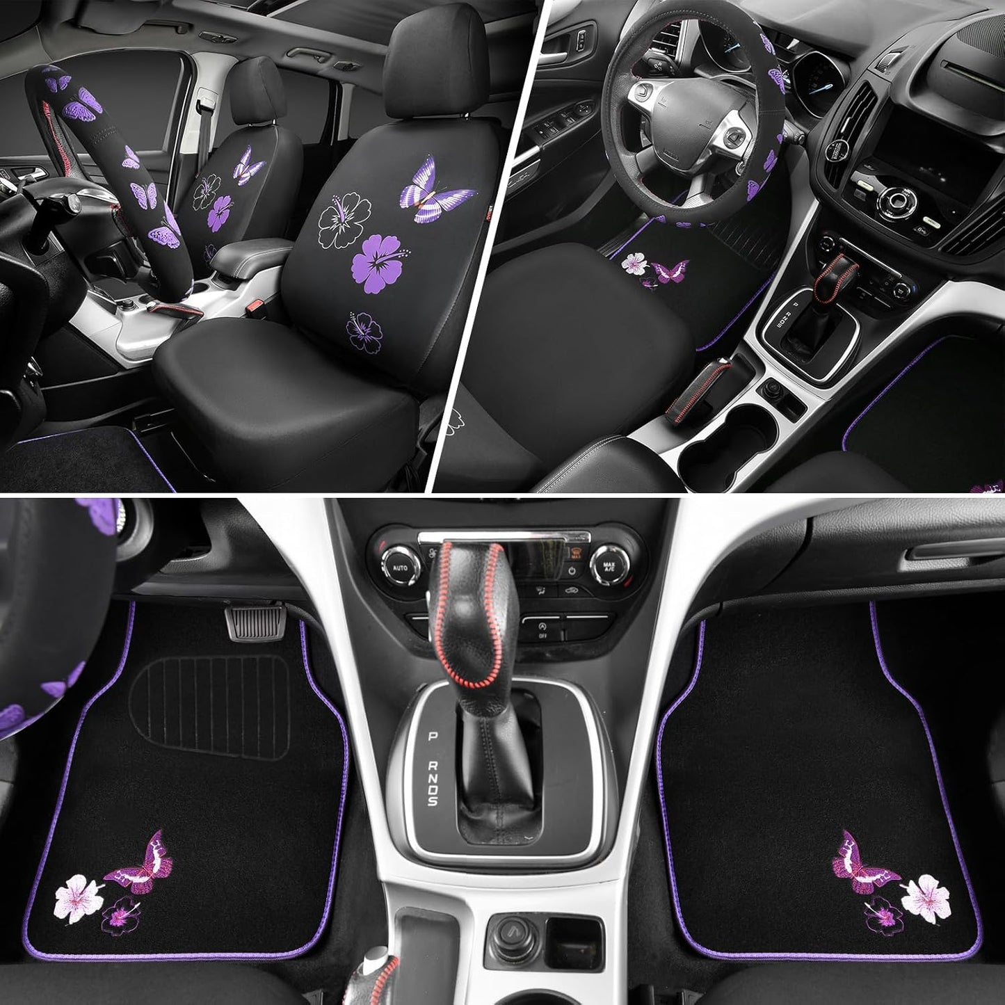 CAR PASS Universal Cloth Butterfly Car Seat Covers Full Set, Embroidered Flower Waterproof Car Floor Mats Carpet, Butterflies Steering Wheel Cover for Car Accessories Interior Sets (Black and Purple)