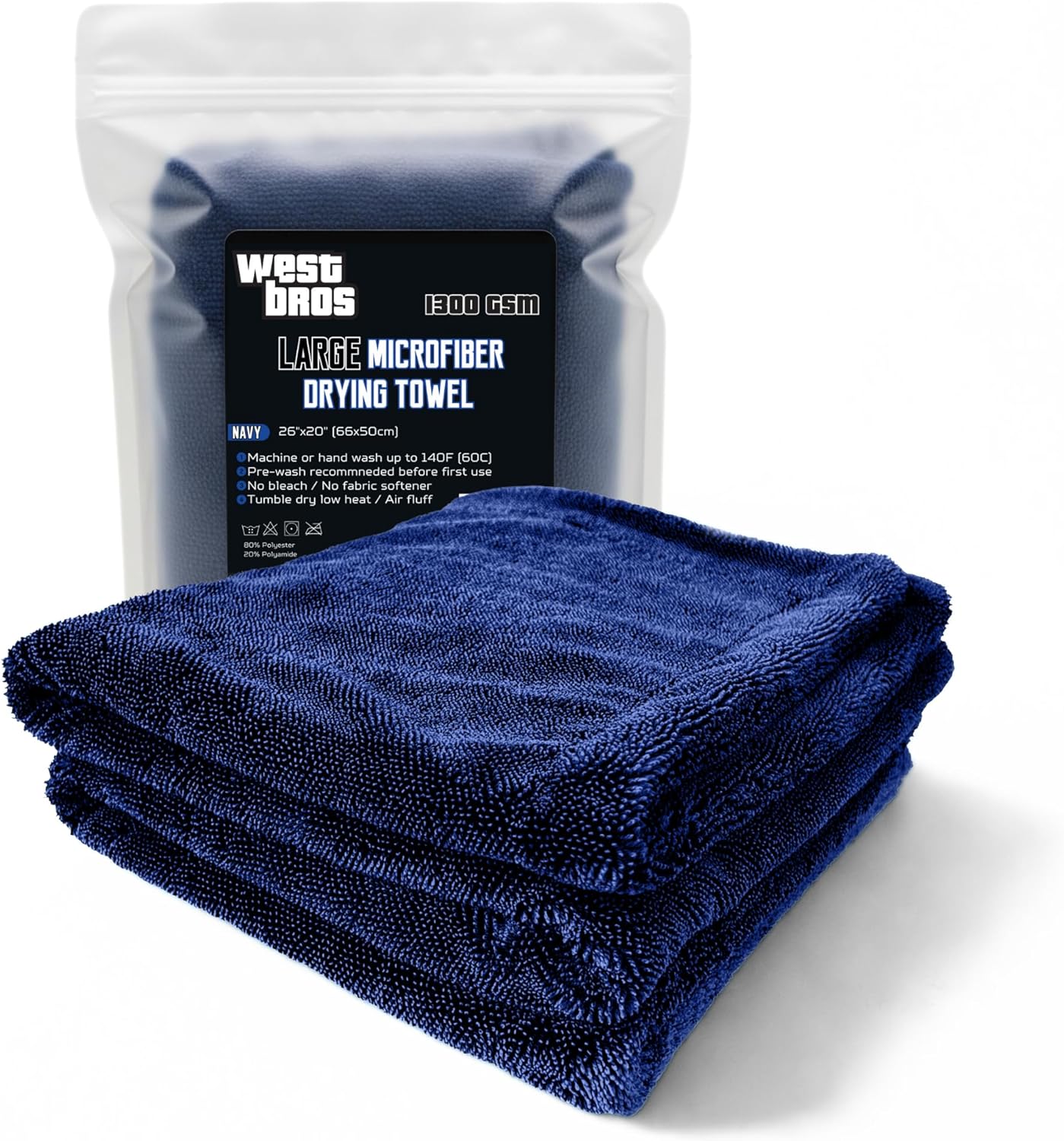 Large Car Drying Towel, 1300 GSM Professional Car Towel with Double Twisted Loop,Super Absorbent Large Microfiber Drying Towels for Cars, Trucks, SUVs - 20"x26", Navy