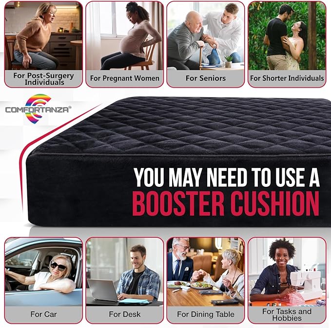 Booster Cushion for Adults - 18x18x5 Medium-Firm Seat Cushion for Home, Office, Wheelchair, Car - Washable Velvety Cover with Waterproof Layer, Removable Strap & Non-Slip Base - Black