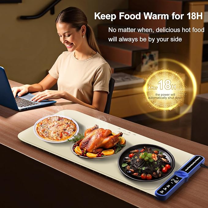 Silicone Food Warmers for Parties Buffet XL:32''X15'' Extra Large Warming Mat for Food 450W Max 248°F Portable Rolled-up Even Heating in 8S 9-Level TEMP Auto Power Off-Beige