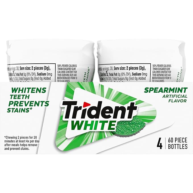 Trident White Spearmint Sugar Free Gum, 4 Bottles of 60 Pieces (240 Total Pieces) (Pack of 2)