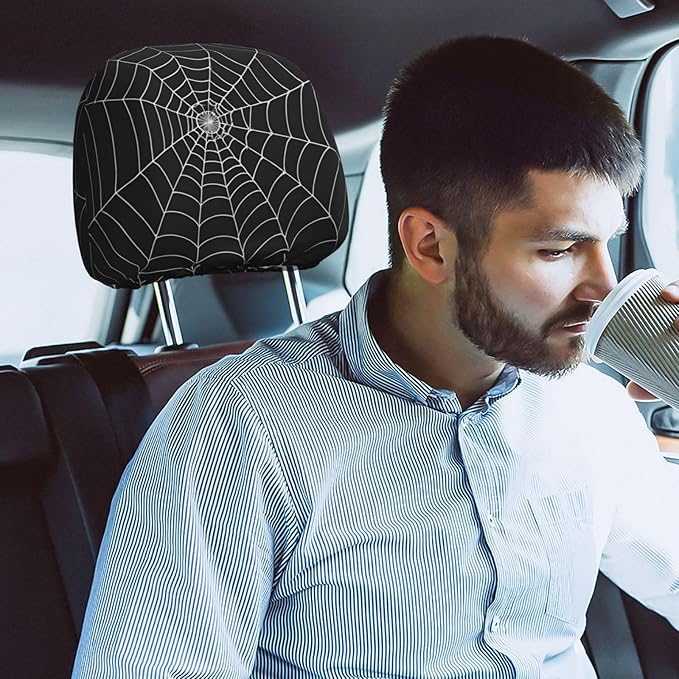 Dujiea 2 Pack White Spider Web Car Headrest Covers, Universal Soft Car Seat Head Rest Cover Protector, Vehicle Accessories Fabric Headrest Cover for Cars Vans Trucks