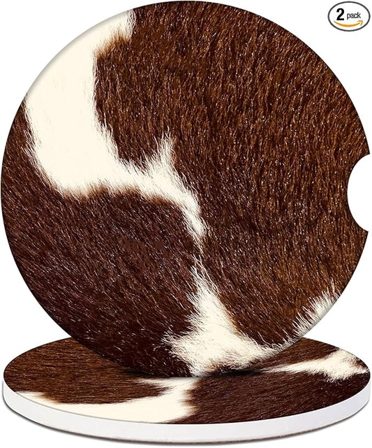 Car Cup Holder Coaster -Cow Hide Brown Absorbent Ceramic Coaster, Car Coasters for Cup Holders, Auto Accessories for Women & Men, Pack of 2
