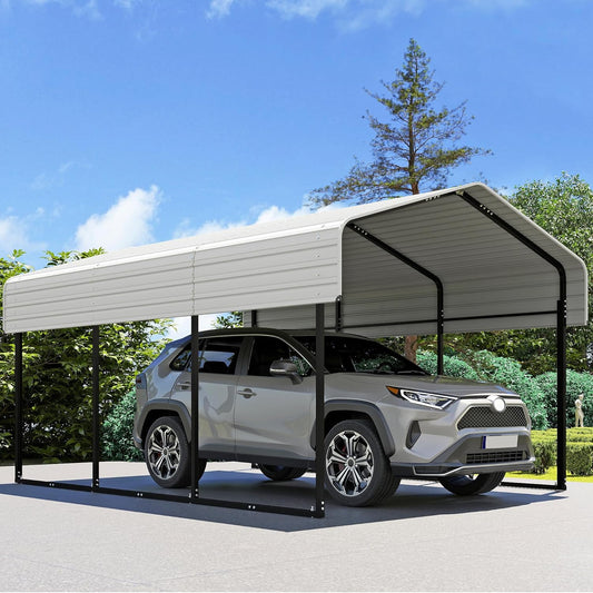 Real Relax 10×15FT Heavy Duty Carport, Metal Car Port Multi-Use Outdoor Storage Cars, Boats, Trucks, Galvanized Metal Roof, Cream White