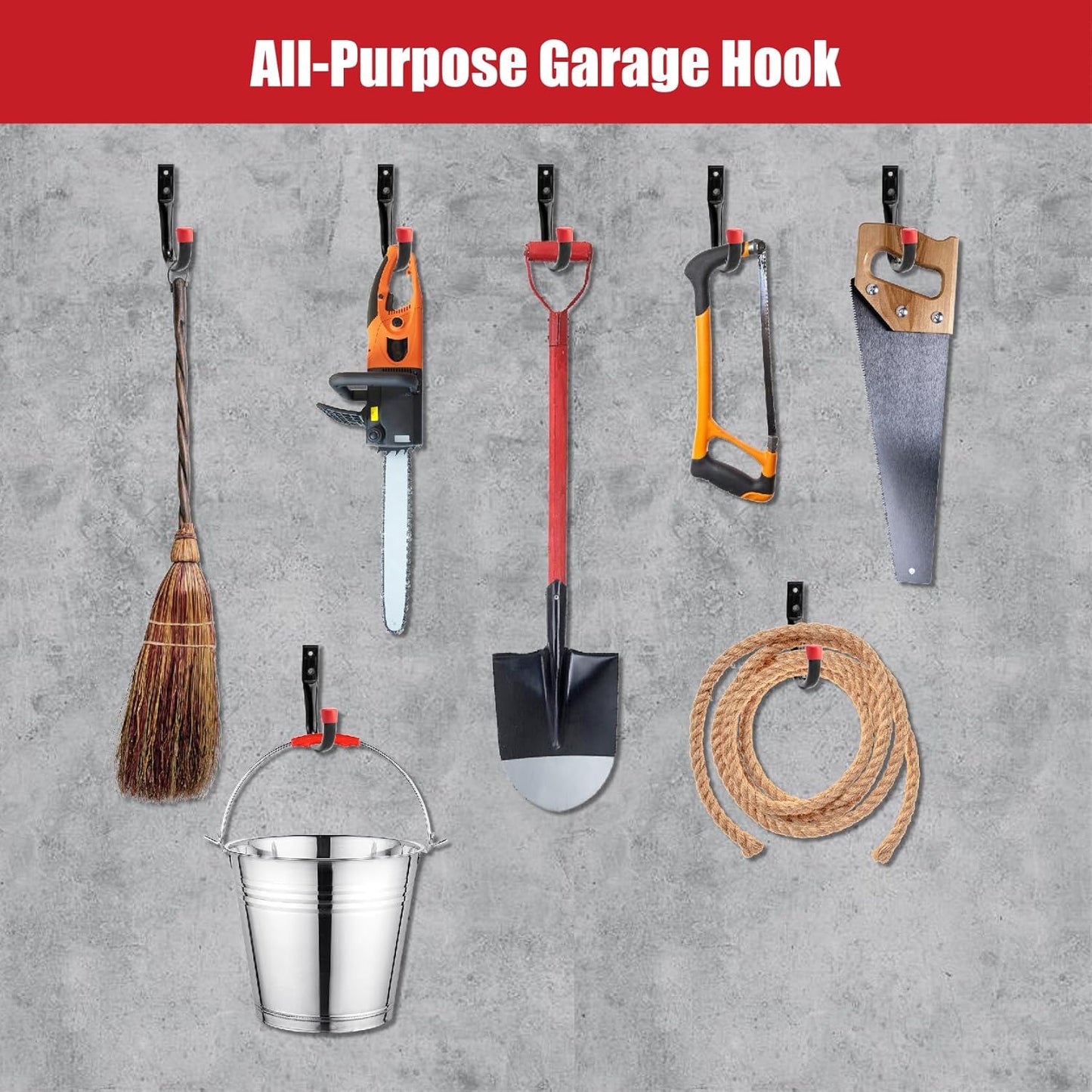 Sinoer 12 Pack Garage Hooks，9.8" & 3.5" Utility Storage Hook with EVA Pads，Metal Wall Hangers for Bike, Extension Cord,Folding Chairs Backpack Bag and Hanging Ladders