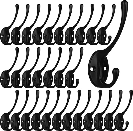 IBosins 30 Pack Heavy Duty Dual Coat Hooks Wall Mounted with 60 Screws Retro Double Hooks Utility Black Hooks for Coat, Scarf, Bag, Towel, Key, Cap, Cup, Hat
