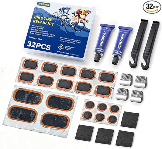 AUTOWN Bike Tire Repair Kit, 32PCS Bicycle Inner Tube Patch Kit with Patches, Tire Levers, Rubber Repair Sealants and Portable Case for Bikes, Motorcycles & Inflatable Tubes