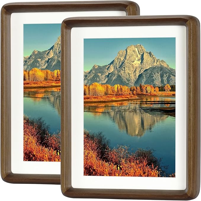 HELPLEX 6x8 Premium Picture Frame Set of 2 - Solid Walnut Wood with HD Tempered Glass, Convertible 5x7 Matted or 6x8 Frameless Display, Wall or Tabletop Frame - Home Gallery, Memories Made Easy