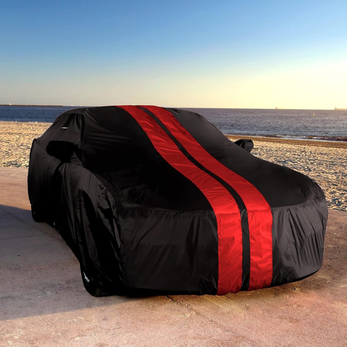 iCarCover Custom Car Cover for 1982-1992 Chevy Camaro Z28, IROC-Z, RS, Berlinetta, Sport Waterproof All Weather Rain Snow UV Sun Protector Full Exterior Indoor Outdoor Car Cover (Stripe - Black/Red)
