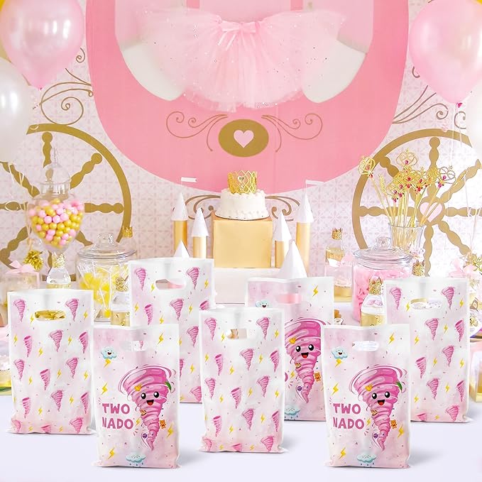 Two Nado Party Favor Bags - 50Pcs Pink Tornado Patterns Goody Candy Treat Gifts Bags, Cute Two Nado Themed Kid Party Decorations for Baby Girls Boys 2nd Birthday Baby Shower Supplies