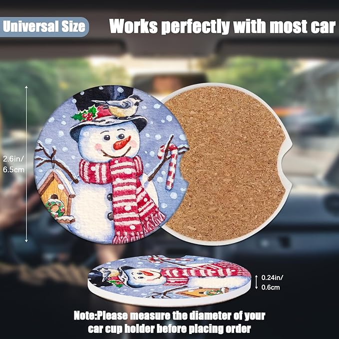 Car Cup Holder Coaster - Christmas Snowman Absorbent Ceramic Coaster, Car Coasters for Cup Holders, Auto Accessories for Women & Men, Pack of 2
