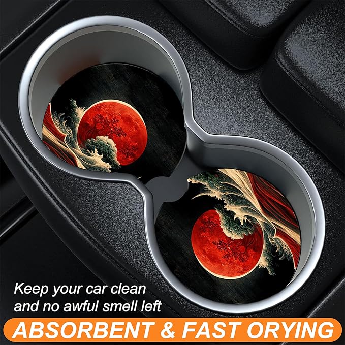 Red Moon Above The Sea Car Cup Holder Coaster,Car Coasters for Cup Holder,2 Pack Chinese Style Landscape Anti-Slip Absorbent Ceramic Car Cup Coasters with Finger Notch Cork Base for Women Men 2.56"