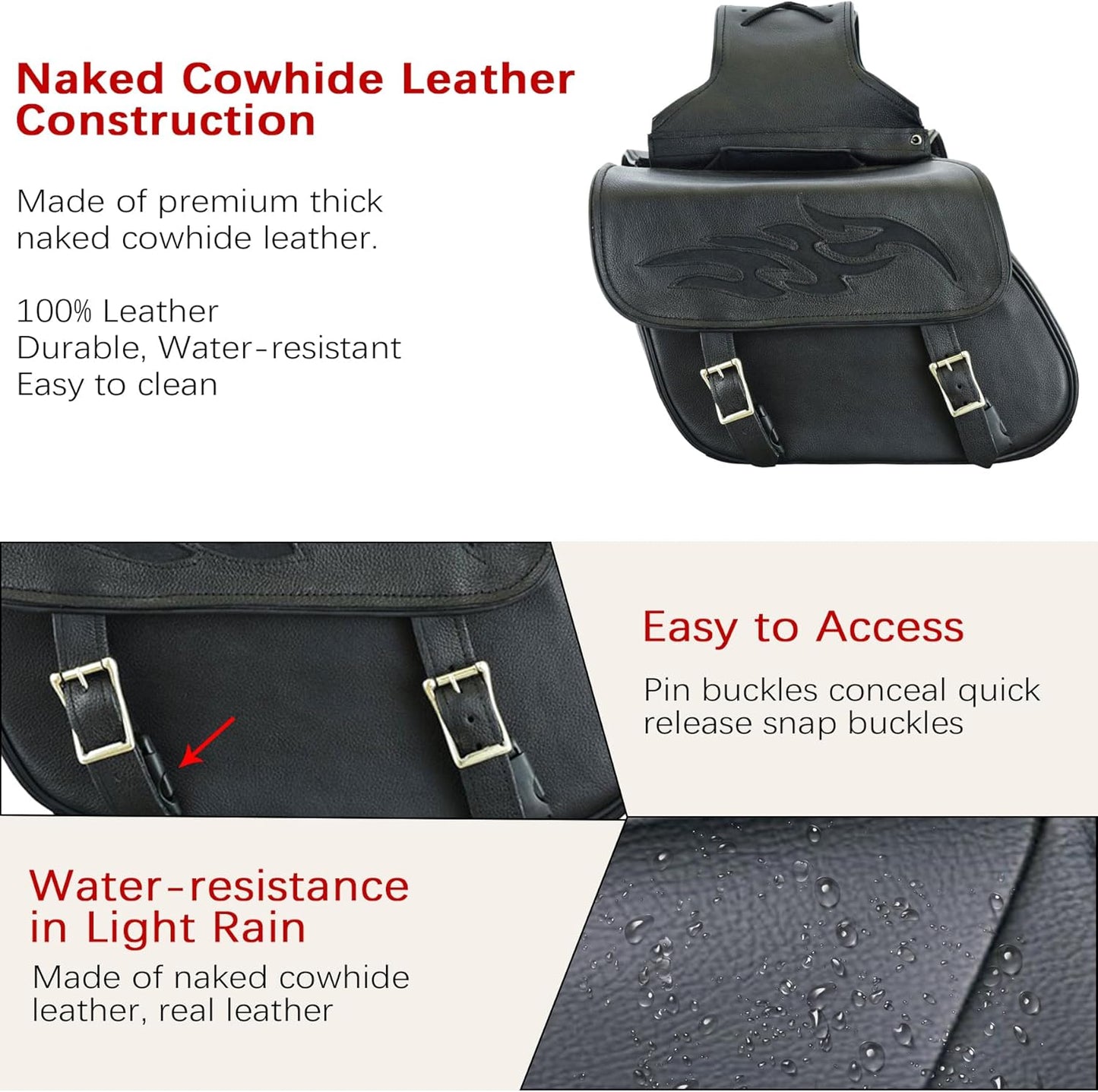 Dream Apparel Naked Cowhide Leather Motorcycle Saddle Bags Throw Over Saddlebags, Motorcycle Side Bags for Honda Shadow Sportster Softail Dyna V-star (Black, No Studs)