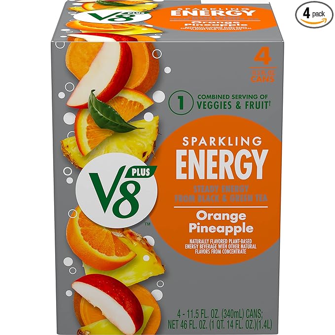 V8 +Energy Sparkling Orange Pineapple Juice Energy Drink, 11.5 fl oz Can (4 Pack)