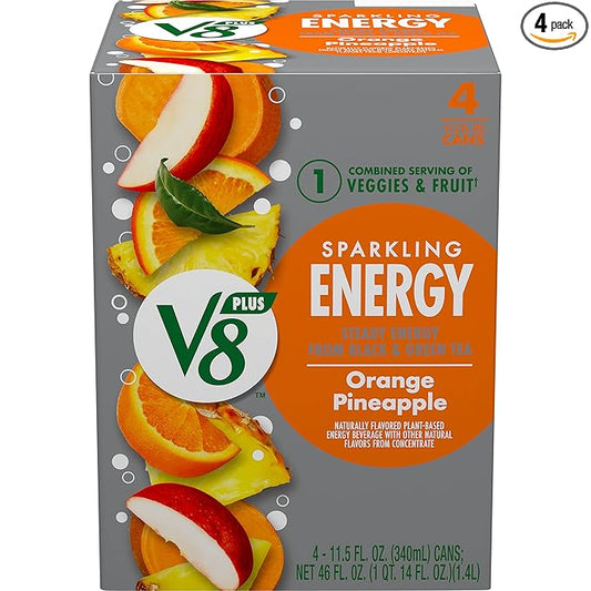 V8 +Energy Sparkling Orange Pineapple Juice Energy Drink, 11.5 fl oz Can (4 Pack)