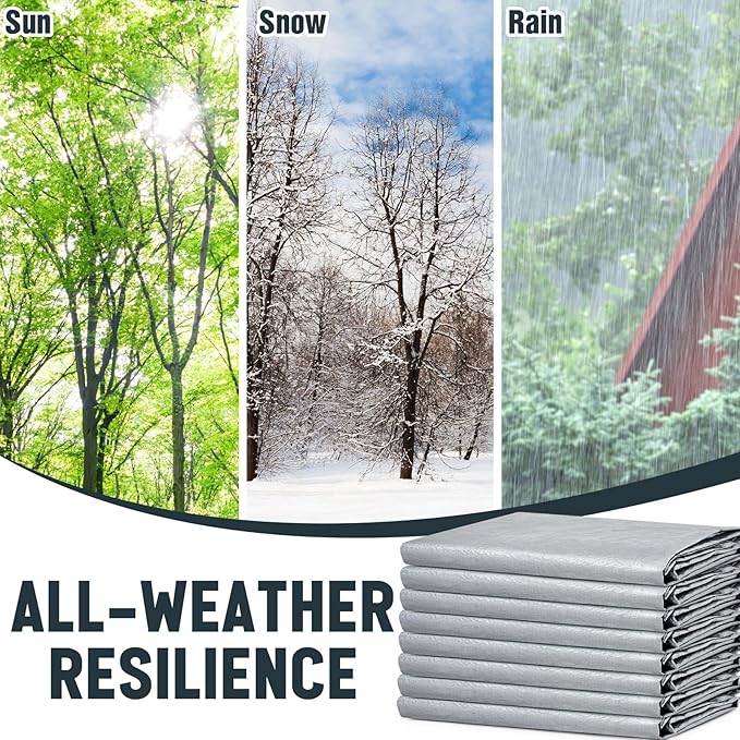 8 Pack 6 x 8 ft 5.5 Mil Large Tarps Heavy Duty Waterproof Tarp Multi Purpose Tent Cover for Home Boats Cars Camping Patio Furniture Roof Emergency Rain Protective Cover, Silver