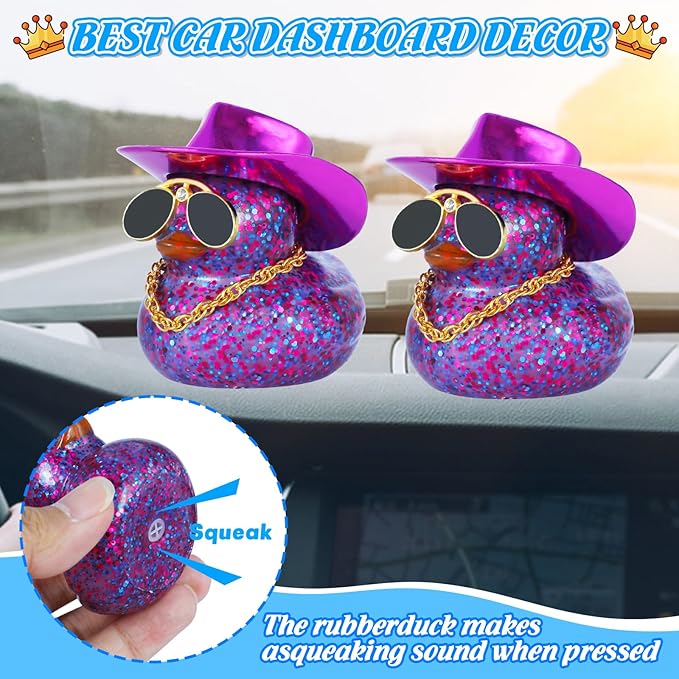 BOZILY Cowboy Rubber Duck with Purple Glitter Hat, Gold Necklace & Diamond Sunglasses - Fashionable Car Dashboard Decor, Office Desk Accessory, Squeaky Stress Reliever Gift Set (2 Pack)