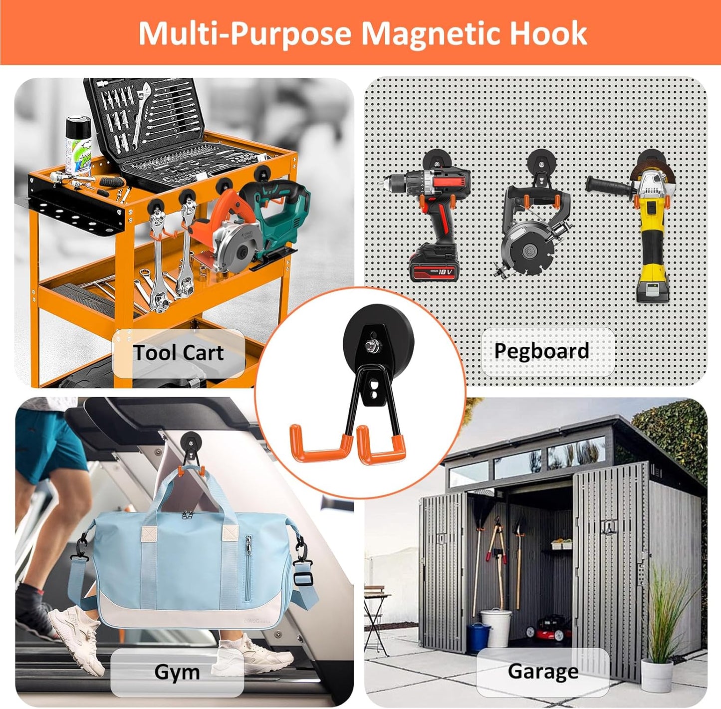 ENUODA Strong Magnetic Hooks Heavy Duty - Magnetic Tool Holder Utility Neodymium Magnet Hooks for Hanging Bag, Coat, Power Tool, Toolbox, Shovel, Broom, Mop, Container, Van, Cabinet, Pegboard, 2 Pack