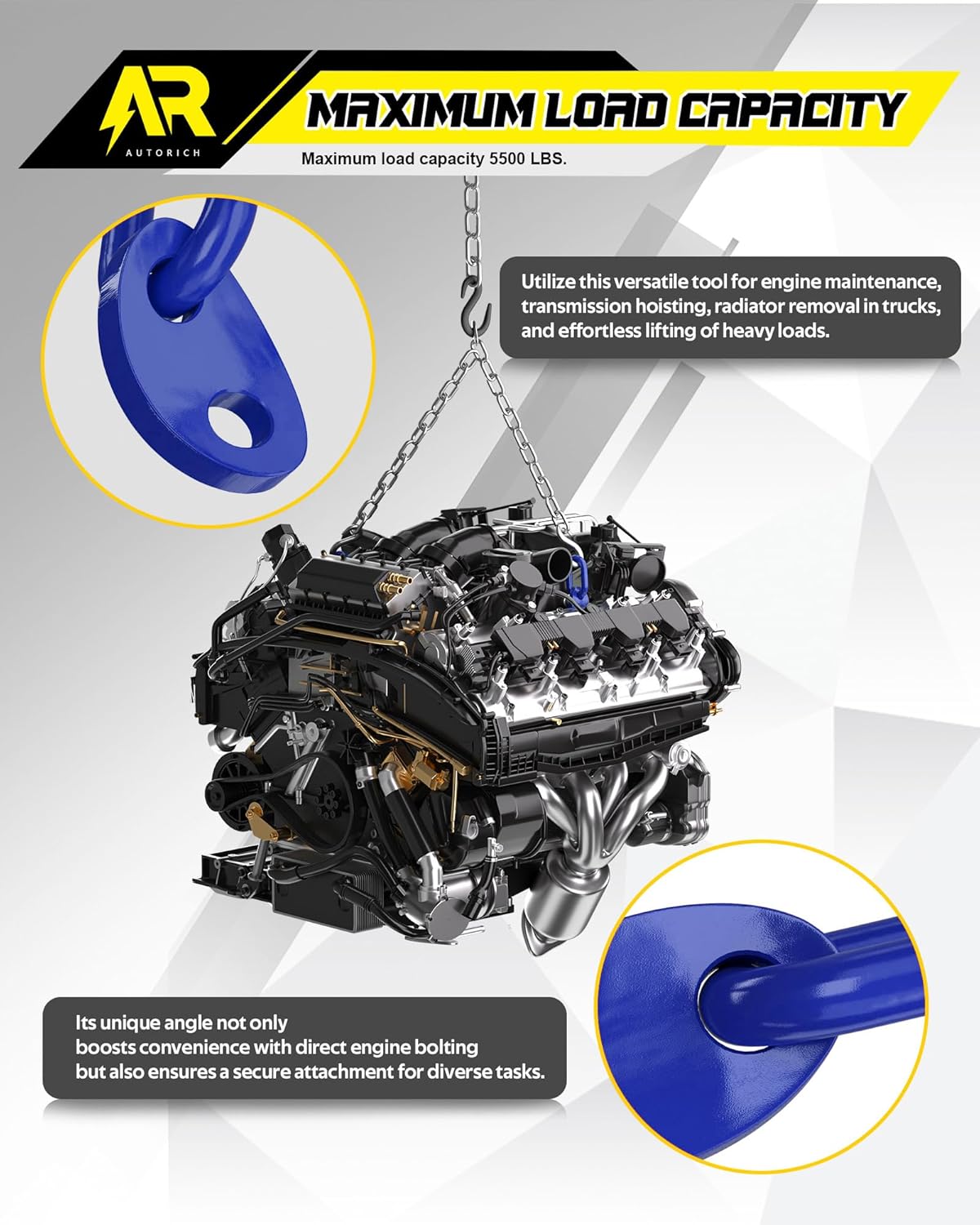 7100 Lifting Bracket Set for Engine - 4 Heavy-Duty Engine Lift Bracket 5500 Lb Capacity, Engine Support Bar for Lifting Slings and Load Levelers, Blue