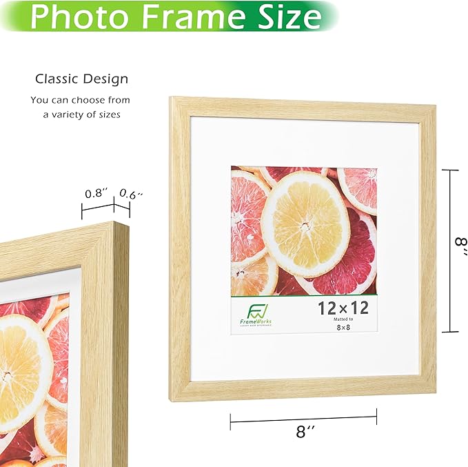 FrameWorks 2-Pack, 12x12 Matted to 8x8 Picture Frame, Natural Oak – Classic Wooden Photo Frame with Tempered Glass, Modern Matte Finish for Prints, Posters, Certificates & Wall Decor – Gallery-Ready