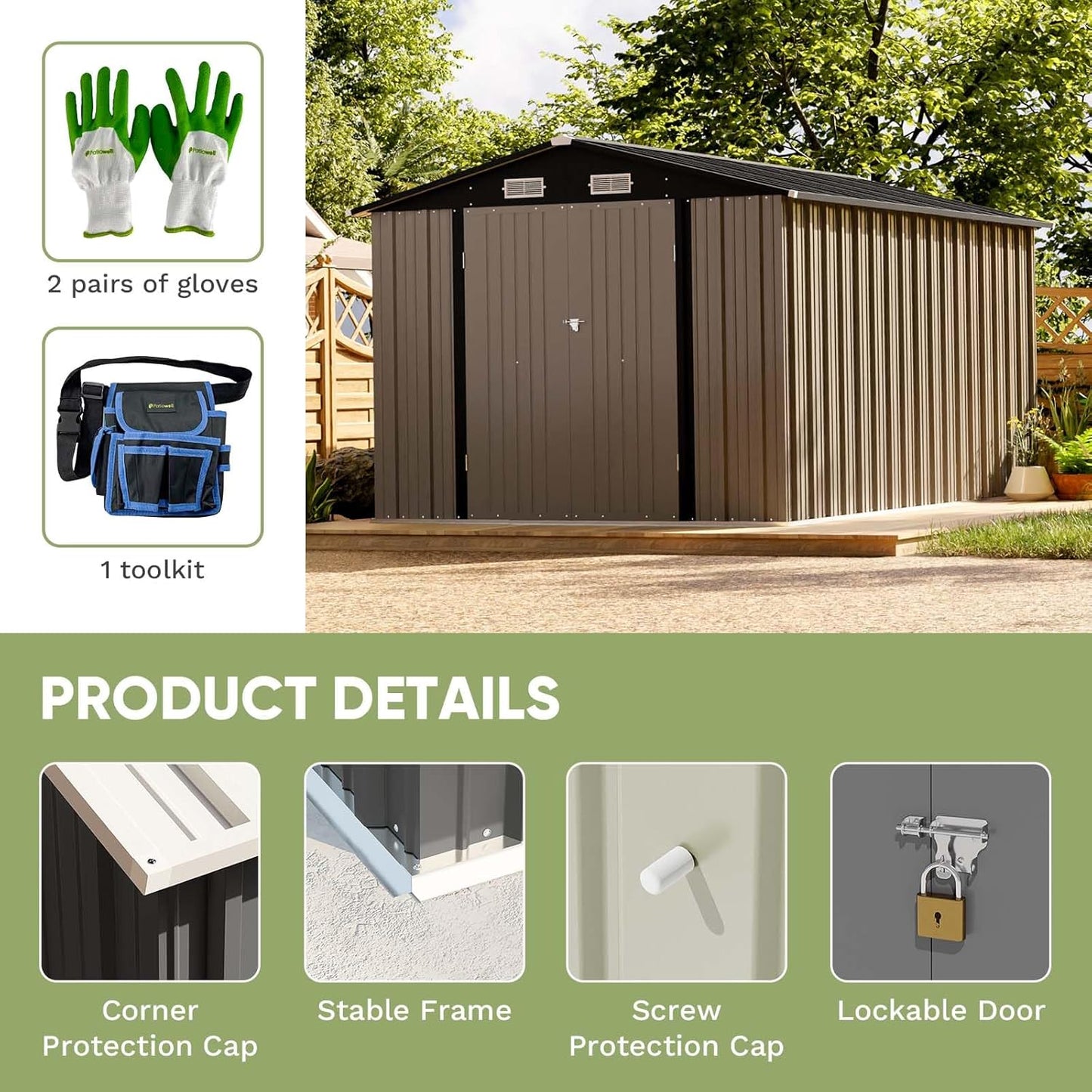 Patiowell 8 x 12 FT Metal Storage Shed for Outdoor, Steel Yard Shed with Design of Lockable Doors, Utility and Tool Storage for Garden, Backyard, Patio, Outside Use, Brown