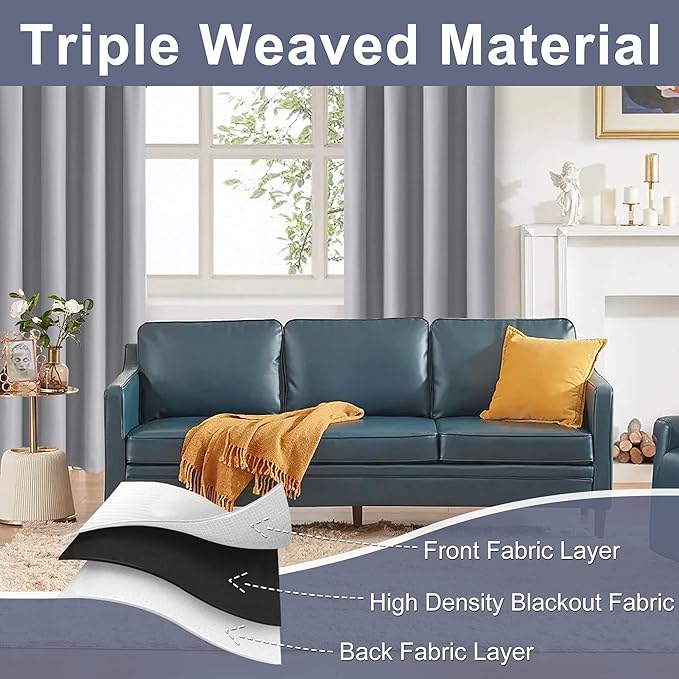 JIUZHEN Silver Grey Curtains for Bedroom - Thermal Insulated Blackout Curtains with Tiebacks 2 Panels, Room Darkening Rod Pocket Curtains for Living Room, 60 x 72 Inch Length