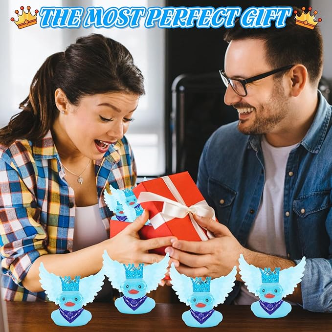 BOZILY Blue Angel Rubber Ducky Car Dashboard Decor - Squishy Rubber Duck with Blue Crown, Sunglasses, Scarf & Wing, Stress Relief Car Accessory for Adults, Includes Adhesive Stickers