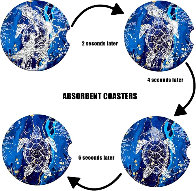 Sea Turtle Car Cup Holder Coaster - Blue Marble Absorbent Ceramic Coaster, Car Coasters for Cup Holders, Auto Accessories for Women & Men, Pack of 2