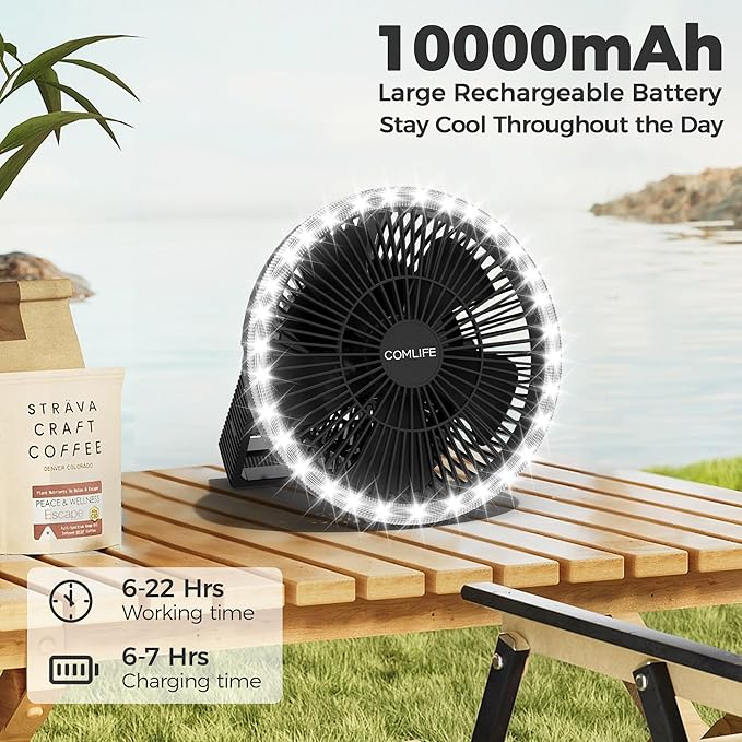 8-Inch Portable Camping Fan with LED Lantern, 10000mAh Rechargeable Battery Operated Tent Fan, 3 Speeds Table Fan with Light & Hook for Camping RV Travel Jobsite Hurricane Power Outage