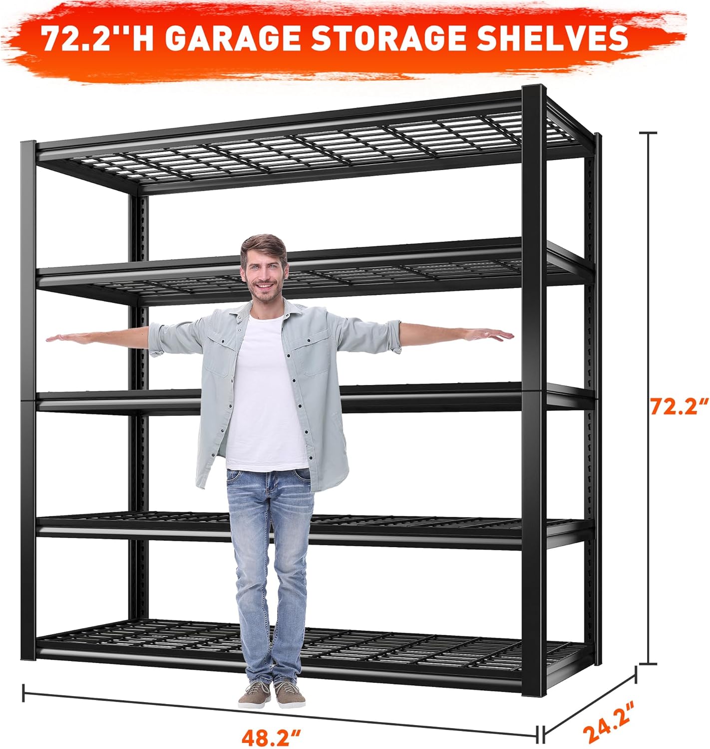 REIBII 48.2''W Garage Shelving Heavy Duty Metal Shelving 3000LBS Storage Shelves Adjustable Metal Shelves Industrial Garage Shelf for Warehouse Basement 48.2 "W x 24.2" D x 72.2 "H