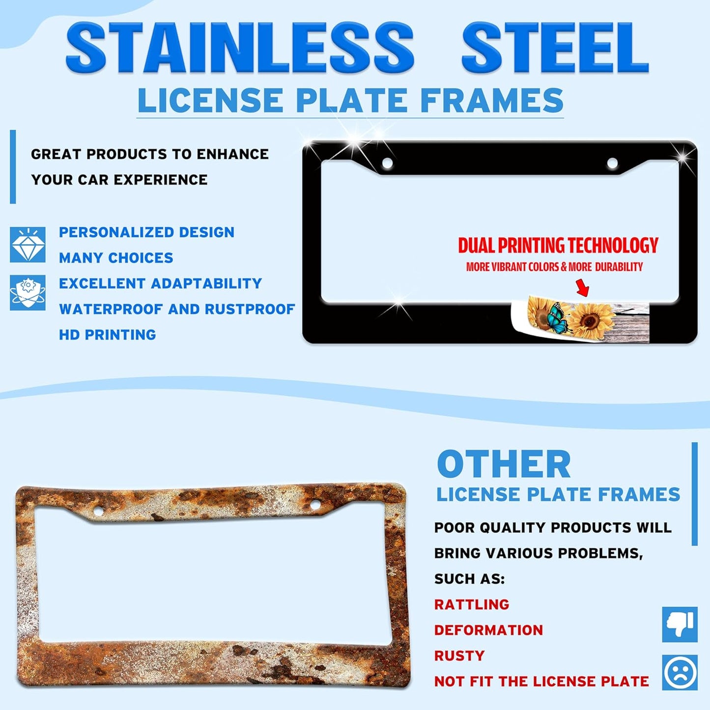 Red and Blue Flames License Plate Frame Abstract Fire License Plate Holder for Front or Rear Car Tags Stainless Steel Funny Car Decoration with Screws 6.3 X 12.2 in