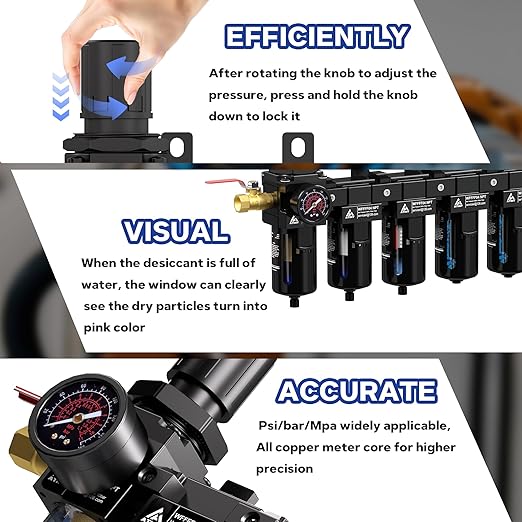 3/8'' NPT 5 Stage Air Dryer for Compressor, 5 &0.5 &0.01 Micron Filter Cartridge Air Drying System,Double Desiccant Dryers & Air Regulator,Metal Bowl, Semi-Auto Drain,Industrial Grade-Black
