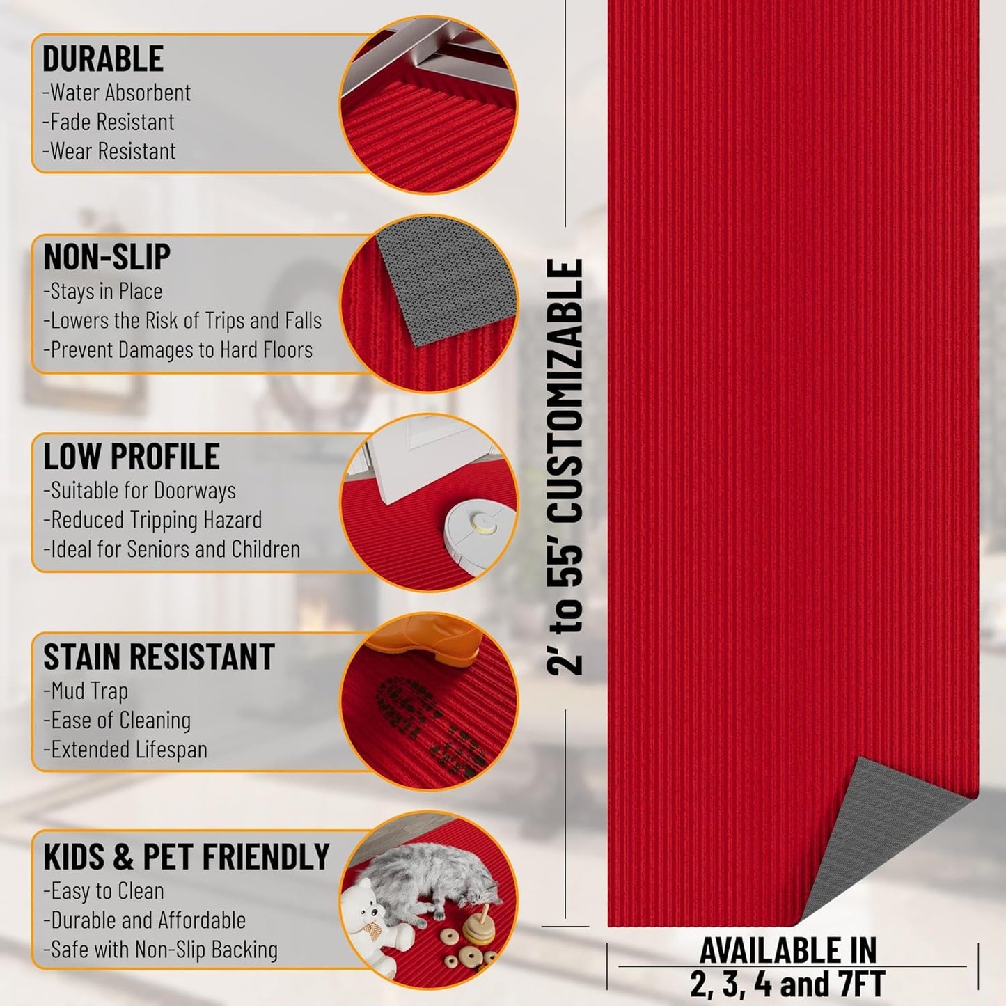 Ottomanson 6'6" x 2' Hallway Runner with Scraper Pile Extra Durable Non-Slip Rug Mat for Indoor & Outdoor Use - Ideal for Kitchen, Entryway, Patio & Garage - High-Traffic Carpet, Red