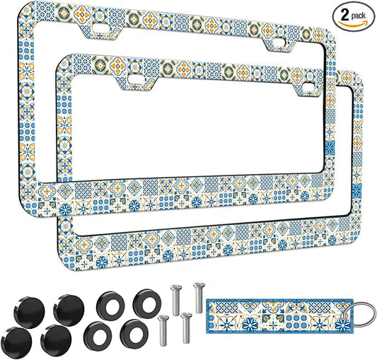 2pcs Vintage European Mediterranean Style Blue and White License Plate Frame for Women, Spanish Style car Decorative tag Frames Girly,Italian Mediterranean License Plate Cover Holder for Vehicle
