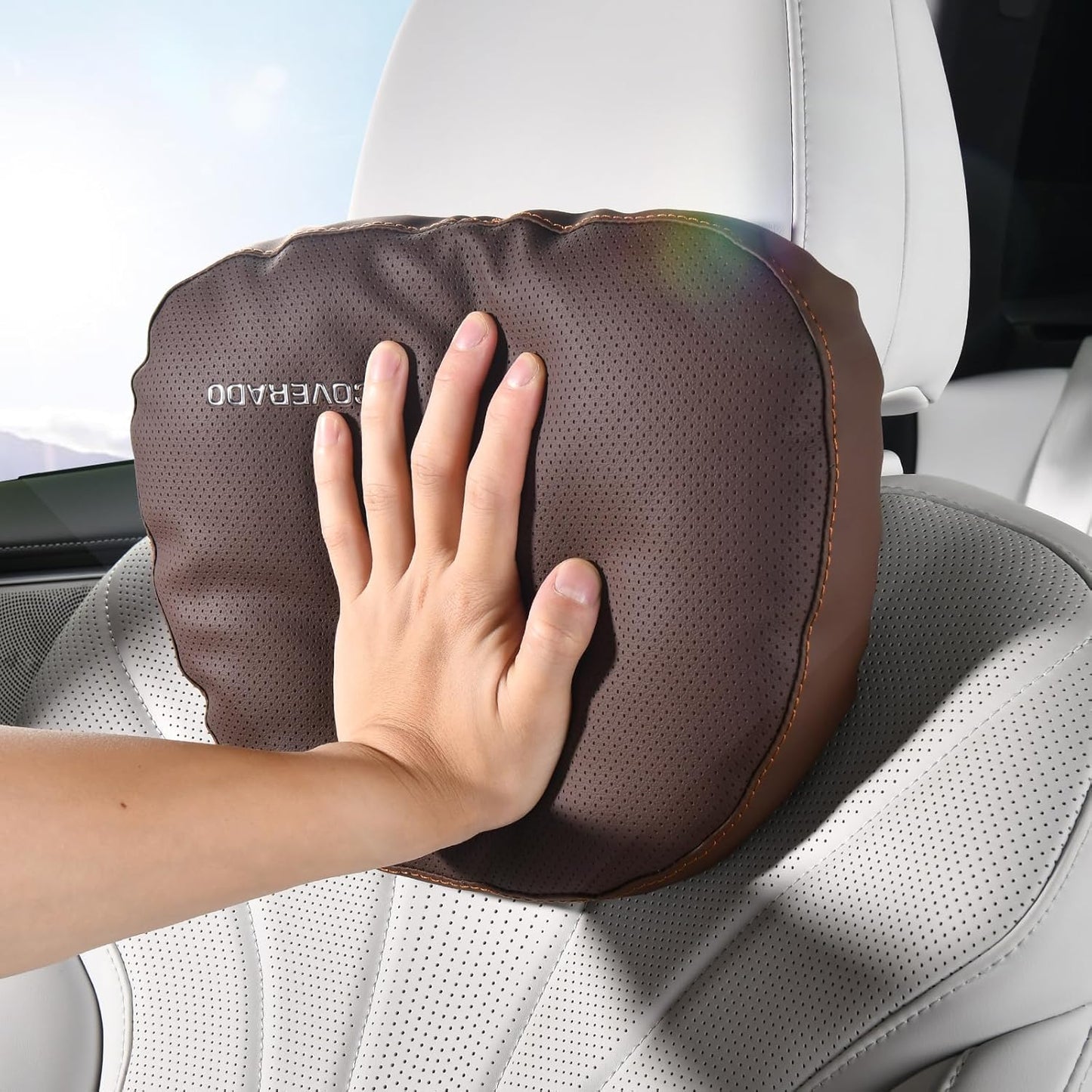 Coverado Leather Car Headrest Pillow Car Neck Pillow with Adjustable Strap, Head Support Rest Driver Relax Head Muscles Relieve Driving Fatigue, Breathable & Removable Cover, Coffee