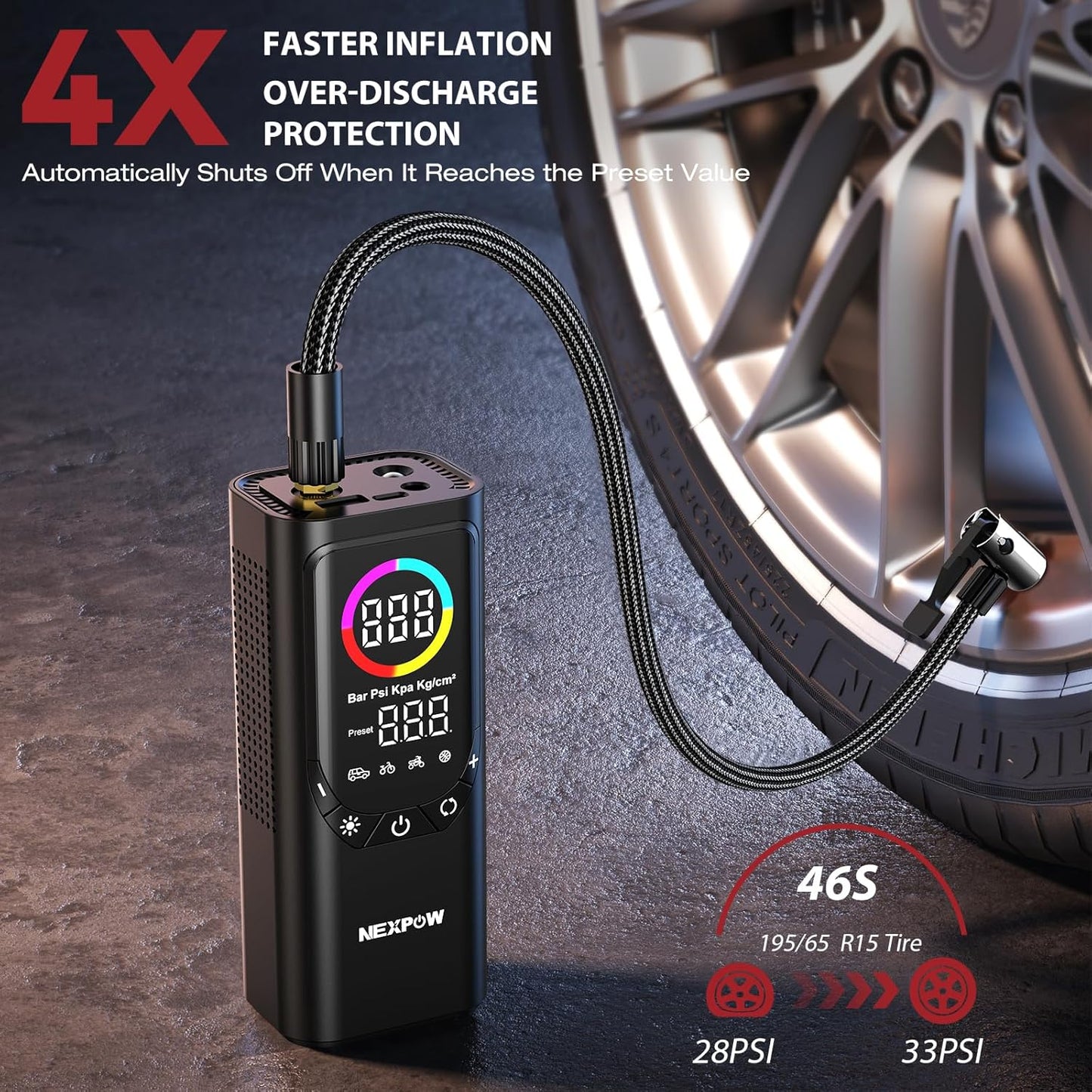 Tire Inflator Portable Air Compressor, NEXPOW 150PSI & 9000mAh Cordless Air Pump with Digital Tire Pressure Gauge, Accurate Dual LCD Display & LED Light, Tire Inflator for Car,Motorcycle,Bike,Balls