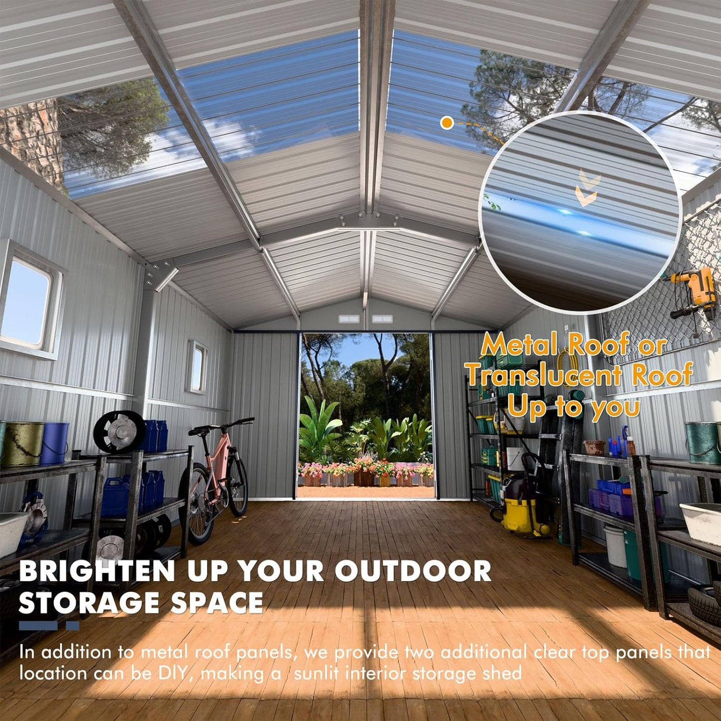 Metal Shed 10x12x7 FT, Sheds Outdoor Storage with Reinforcement, Natural Lighting Tool Sheds with Translucent Roof Panels, Windows, and Lockable Doors, Ideal for Garden, Backyard, and Patio