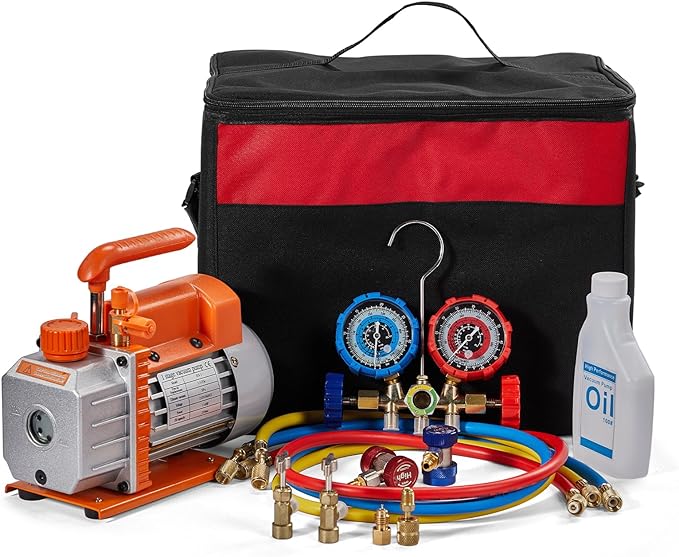 SUNROAD HVAC Air Vacuum Pump Set, 3.5 CFM 1/4HP A/C Refrigeration AC Manifold Gauge Kit for R410A R134a R12 R22 R502 Auto Air Conditioning Refrigeration Recharging