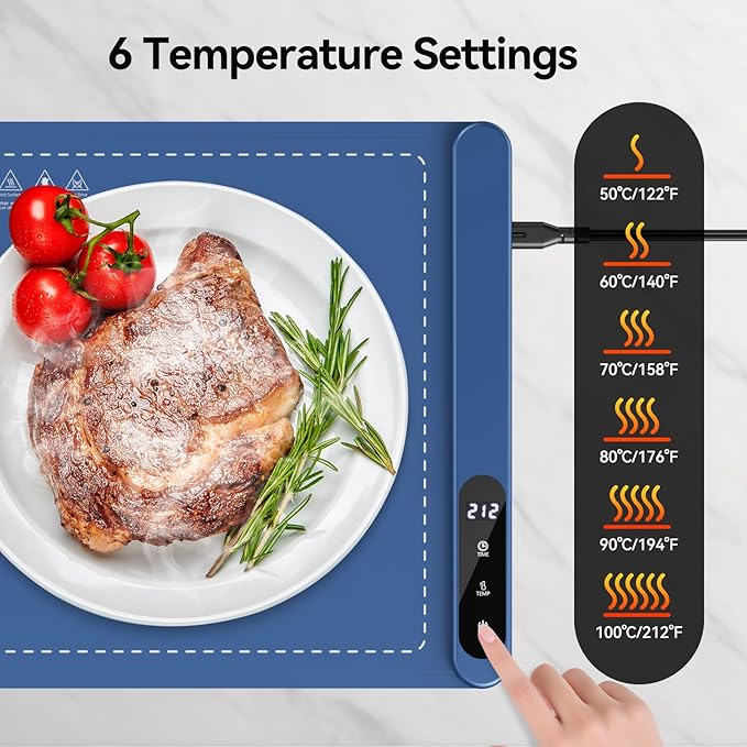 Warming Mat for Food, Silicone Heating Mat with 6 Temperature Levels, Fast Full Surface Heating, Portable Roll Up Electric Warming Tray with Heat-Resistant Pad, Heat Pad for Buffet Parties, Blue