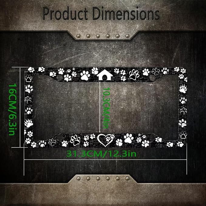 Dog Paw Print License Plate Frame -1Pcs Pet House License Plate Holder Black Funny Aluminum Car Accessories Personalized Car Plate Frame Decoration 12.3" X 6.3" with Screws for Men Women