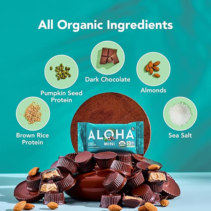 ALOHA Organic Plant Based Protein Bar MINIS | Almond Butter Cup | 20 Count, 24g Bars | Vegan, Low Sugar, Gluten Free, Low Carb, Non-GMO, Stevia Free, Soy Free, No Sugar Alcohols