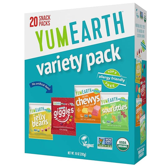 YumEarth Organic Variety Box - Jelly Beans, Giggles, Chewys, Sour Littles - Allergy Friendly (Top 9 Free), No Artificial Dyes or Flavors, Non GMO, Gluten Free, Vegan -Individually Wrapped (Pack of 20)
