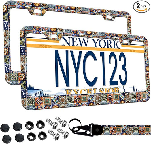 2-Pack Mexican Tiles License Plate Frames, 2 Holes Mandala Boho Aluminum License Plate Holder for Women Man License Plate Cover fits Vehicles 12.3" x 6.3" with Keychain Wrist Lanyard
