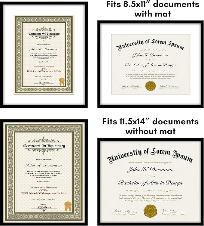 Americanflat 11.5x14 Diploma Frame with Shatter-Resistant Glass - Use as 8.5x11 Frame with Mat or Display 11.5x14 Document Without Mat - Legacy Collection - Certificate Frames for Wall - Black