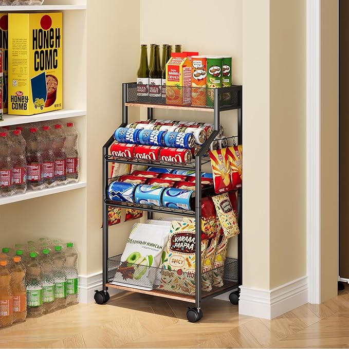 Can Organizer for Pantry - Rolling Snack Cart, Multi-Layer Soda Can Organizer for Pantry, Mobile Beverage Storage Rack with Wheels, Versatile Metal Shelf for Kitchen and Office, Black Brown
