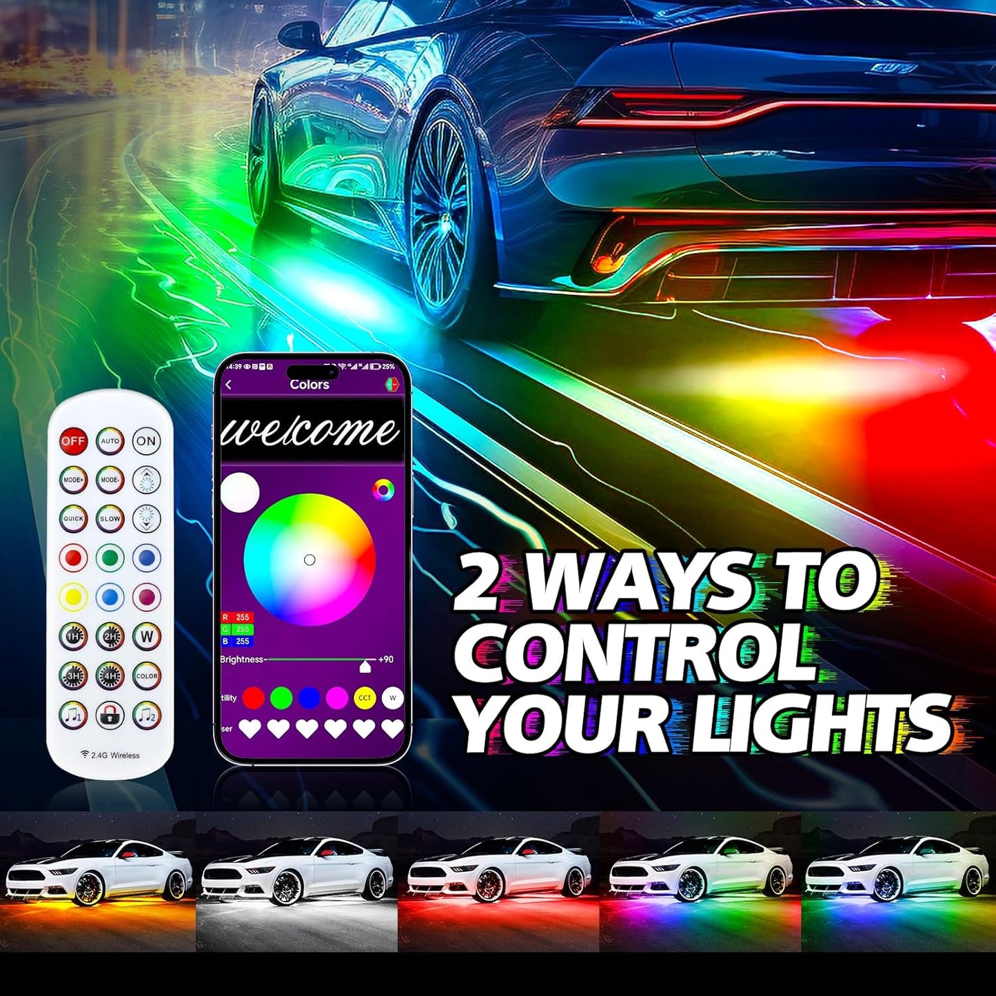 8PCS Car Underglow Light Bar Kit - Wireless App & Remote Control Dreamcolor Chasing Lights, Aluminum Exterior Underbody Multicolor Soundsync Neon Light Strip for Car Truck RV