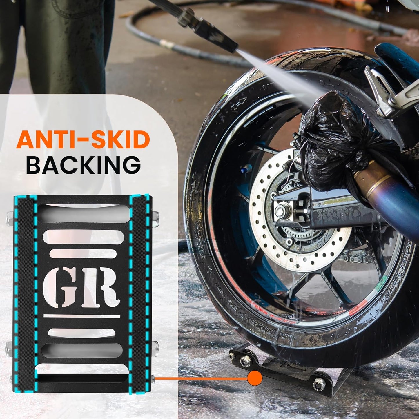 GRAND PITSTOP Motorcycle Roller Wheel Cleaning Stand - Paddock Stand Replacement - Wheel Roller Stand with Ramp Support for tire Cleaning & Chain Lubrication (Roller Large Antic Silver)